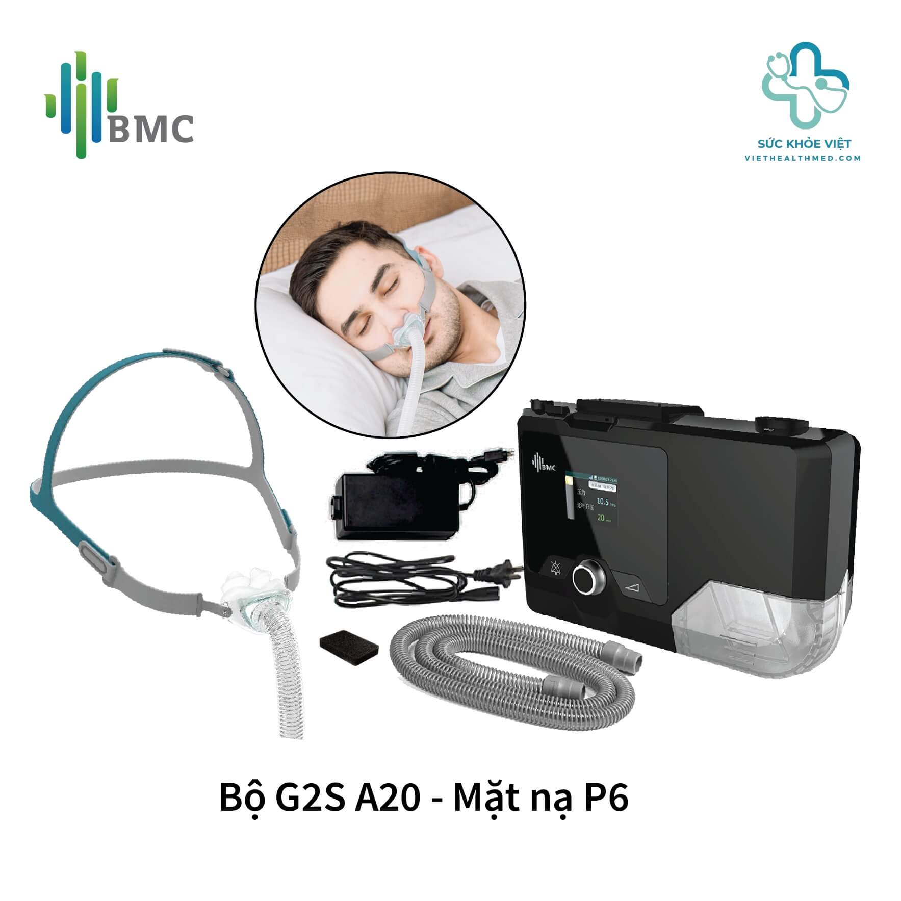 Bộ máy trợ thở BMC G2S A20 kèm mặt nạ P6 giúp người ngưng thở khi ngủ dễ bắt đầu liệu pháp Auto CPAP tại nhà với đầy đủ phụ kiện cần thiết.