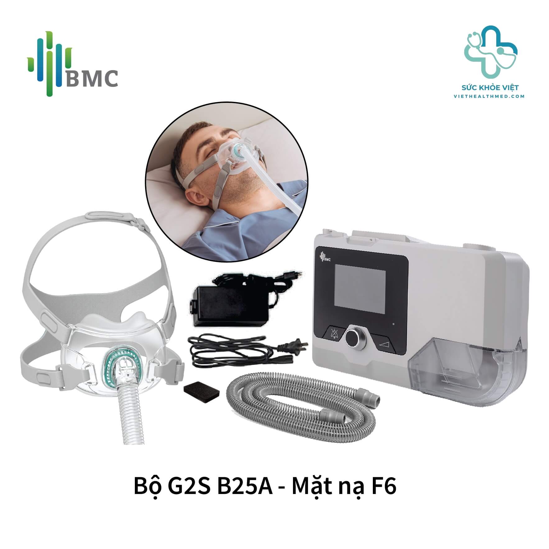 Combo Máy trợ thở BMC G2S B25A và mặt nạ F6 full size kit phù hợp cho người cần hỗ trợ hô hấp lâu dài.