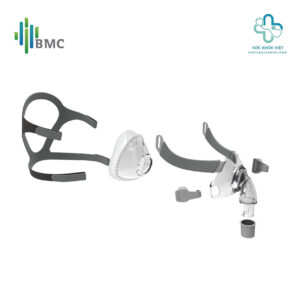 Mặt nạ thở BMC F5A với thiết kế full face gồm đệm silicone, khung mask và dây đeo giúp tăng độ kín khí và thoải mái khi sử dụng CPAP