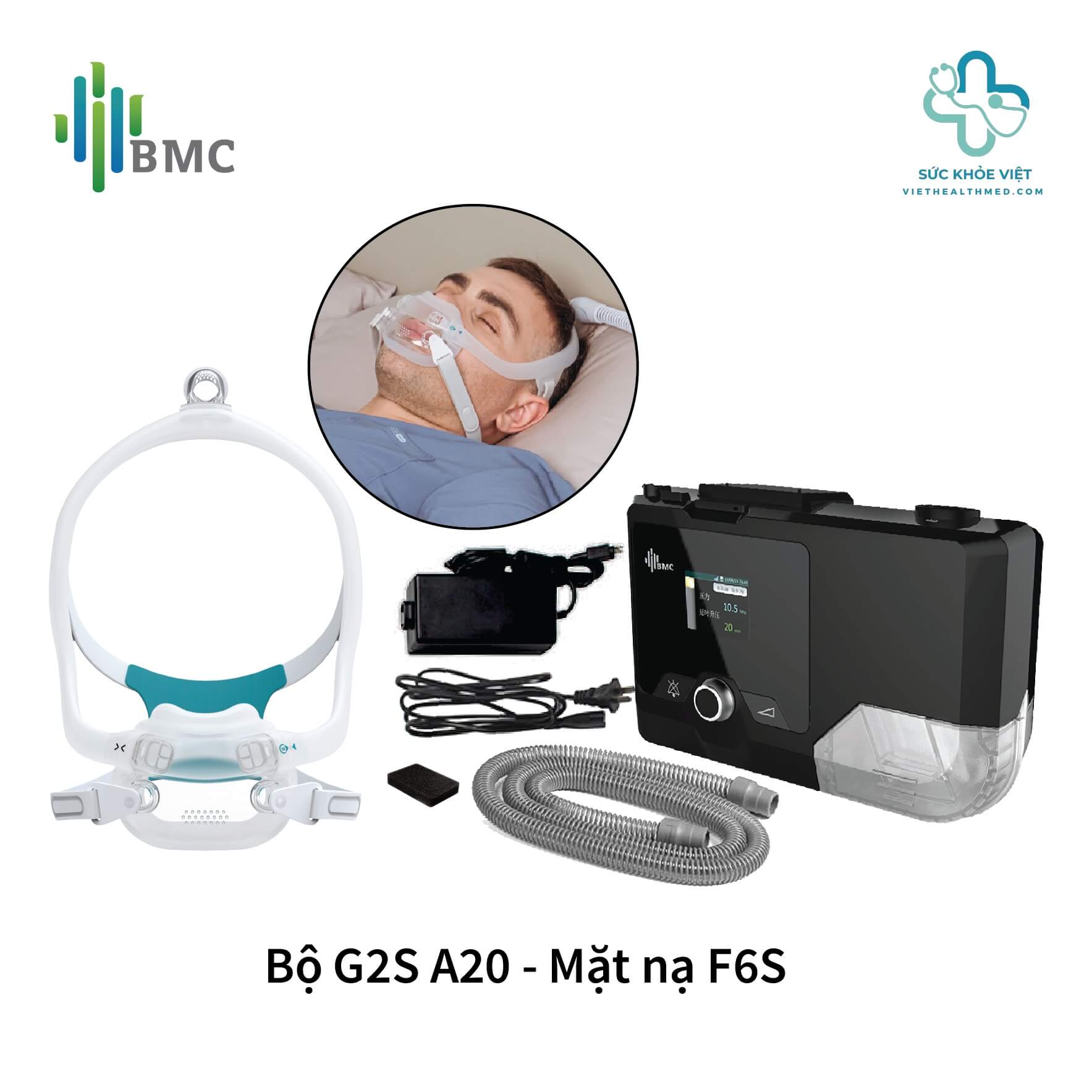 Máy trợ thở G2S A20 Auto CPAP BMC kèm mặt nạ F6S giúp điều trị ngưng thở khi ngủ hiệu quả tại nhà