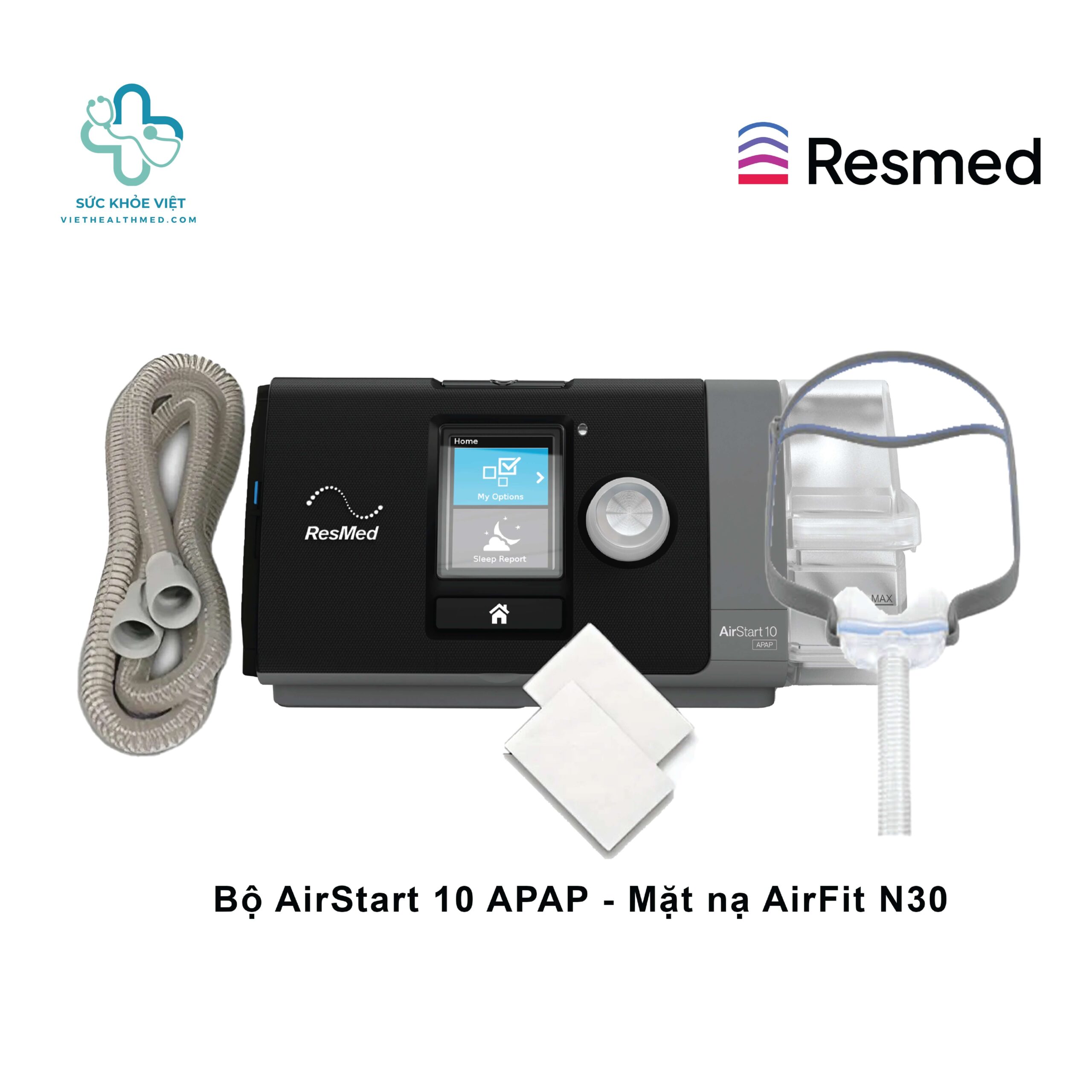 Bộ máy trợ thở ResMed AirStart 10 APAP kết hợp mặt nạ AirFit N30 giúp cung cấp liệu pháp áp lực dương hiệu quả cho người bị ngưng thở khi ngủ.
