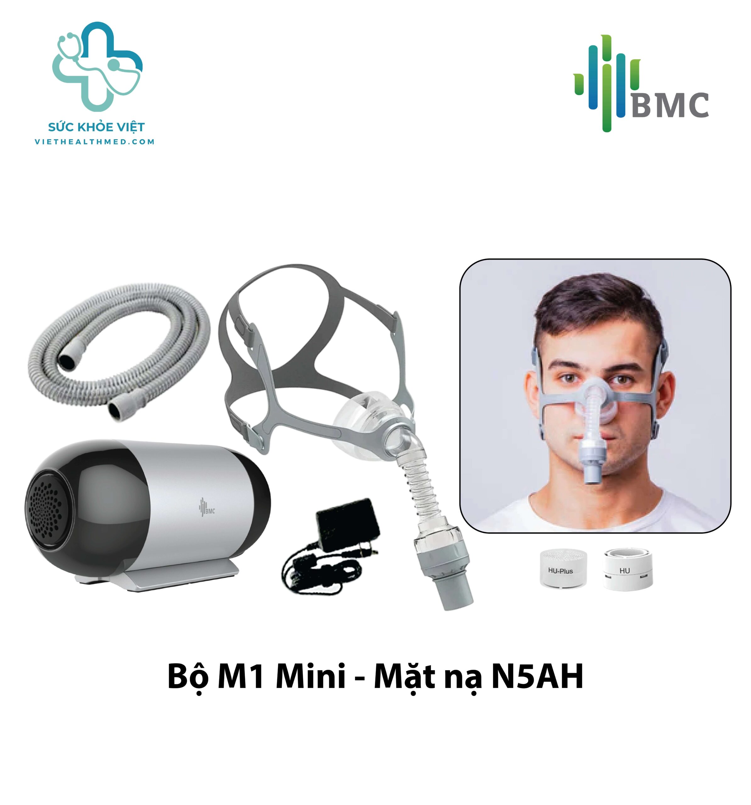 Máy trợ thở BMC M1 Mini kết hợp mặt nạ BMC N5AH trong bộ CPAP du lịch nhỏ gọn hỗ trợ điều trị ngưng thở khi ngủ