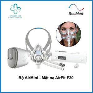 Hệ thống máy trợ thở ResMed AirMini kết nối đồng bộ với mặt nạ mũi miệng AirFit F20 thông qua bộ đầu nối chuyên dụng và dây thở nhỏ gọn, mang lại giải pháp điều trị OSA toàn diện, êm ái và ngăn ngừa rò rỉ khí tuyệt đối cho người có thói quen thở miệng khi ngủ.