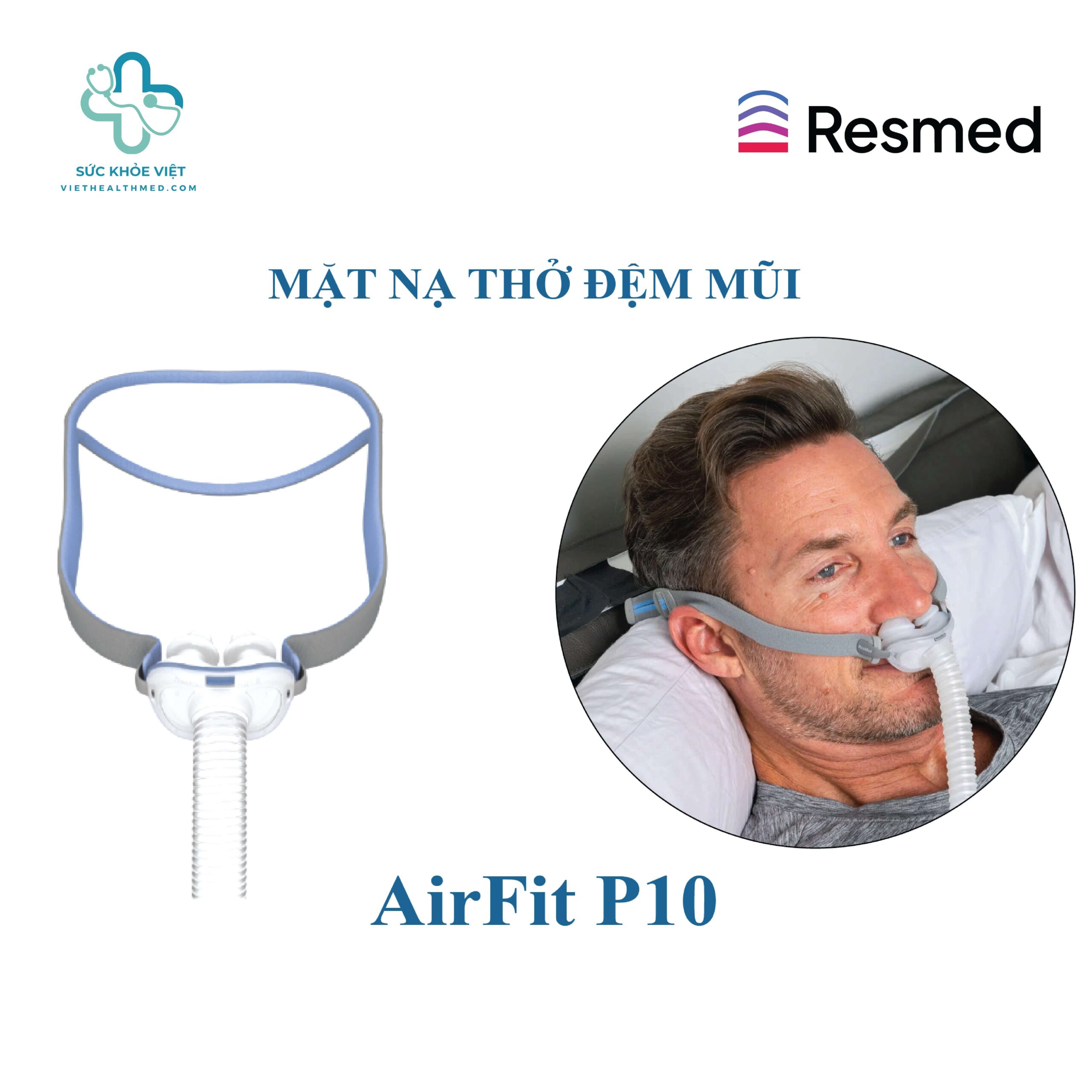 Trọn bộ thiết bị điều trị ngưng thở khi ngủ OSA bao gồm thân máy trợ thở ResMed AirMini kết nối cùng mặt nạ gối mũi AirFit P10 mang lại sự thoải mái tối đa và vận hành êm ái suốt đêm.