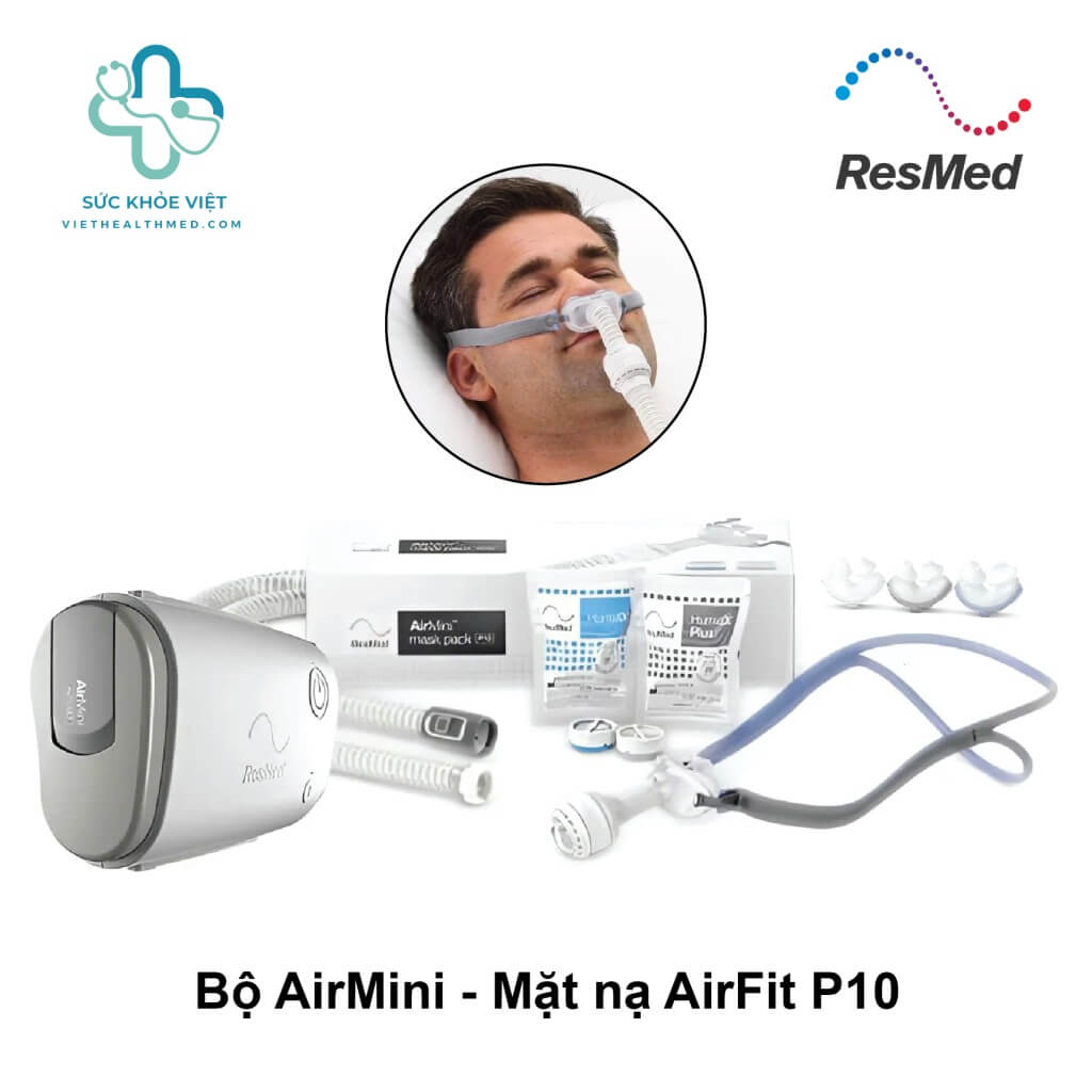 Hệ thống phụ kiện đi kèm máy trợ thở ResMed AirMini gồm dây dẫn nhỏ gọn túi đựng chuyên dụng và các viên lọc tạo ẩm không dùng nước HumidX giúp duy trì độ ẩm niêm mạc mũi khi trị liệu.