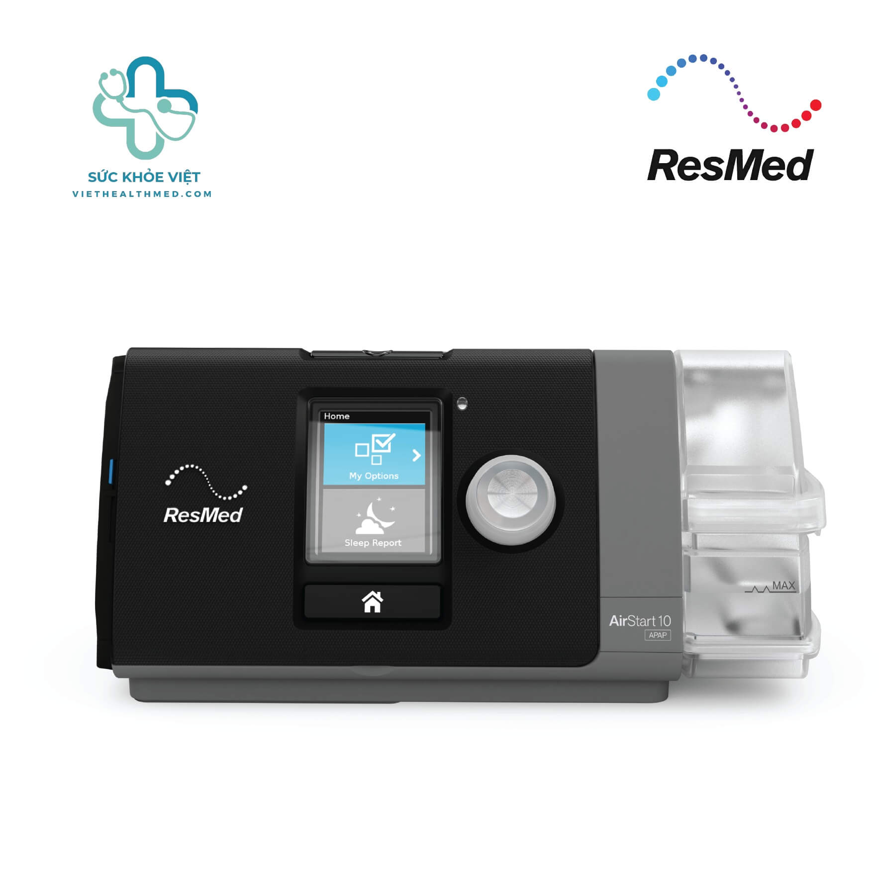 Máy thở ResMed AirStart 10 APAP tự động điều chỉnh áp lực, tích hợp tạo ẩm HumidAir và phù hợp điều trị ngưng thở khi ngủ tại nhà.