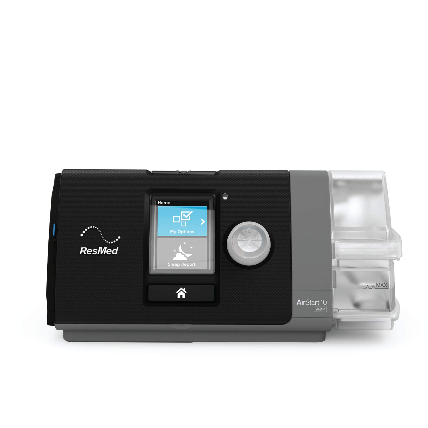 Thiết kế chi tiết của máy trợ thở ResMed AirStart 10 APAP chính hãng với màn hình hiển thị LCD trực quan và núm xoay điều khiển tích hợp bộ tạo ẩm HumidAir giúp ngăn ngừa tình trạng khô mũi miệng khi điều trị ngưng thở khi ngủ.