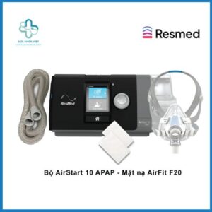 Sản phẩm máy trợ thở ResMed AirStart 10 APAP đi kèm mặt nạ AirFit F20 được phân phối chính hãng tại Sức Khỏe Việt giúp giải quyết triệt để tình trạng ngáy ngủ và các sự kiện ngưng thở giảm thở nhờ thuật toán tự động thông minh.