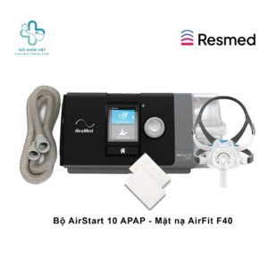 Trọn bộ giải pháp điều trị ngưng thở khi ngủ với máy trợ thở ResMed AirStart 10 APAP và phụ kiện đi kèm.