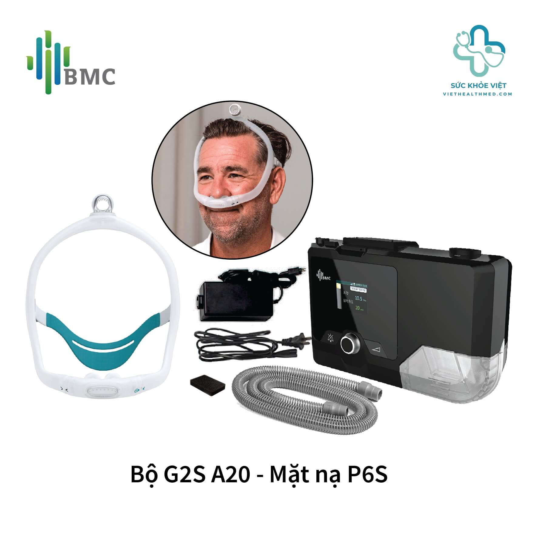 Trọn bộ sản phẩm máy trợ thở BMC G2S A20 bao gồm thân máy, bộ tạo ẩm và túi đựng chuyên dụng thuận tiện cho việc bảo quản và di chuyển.