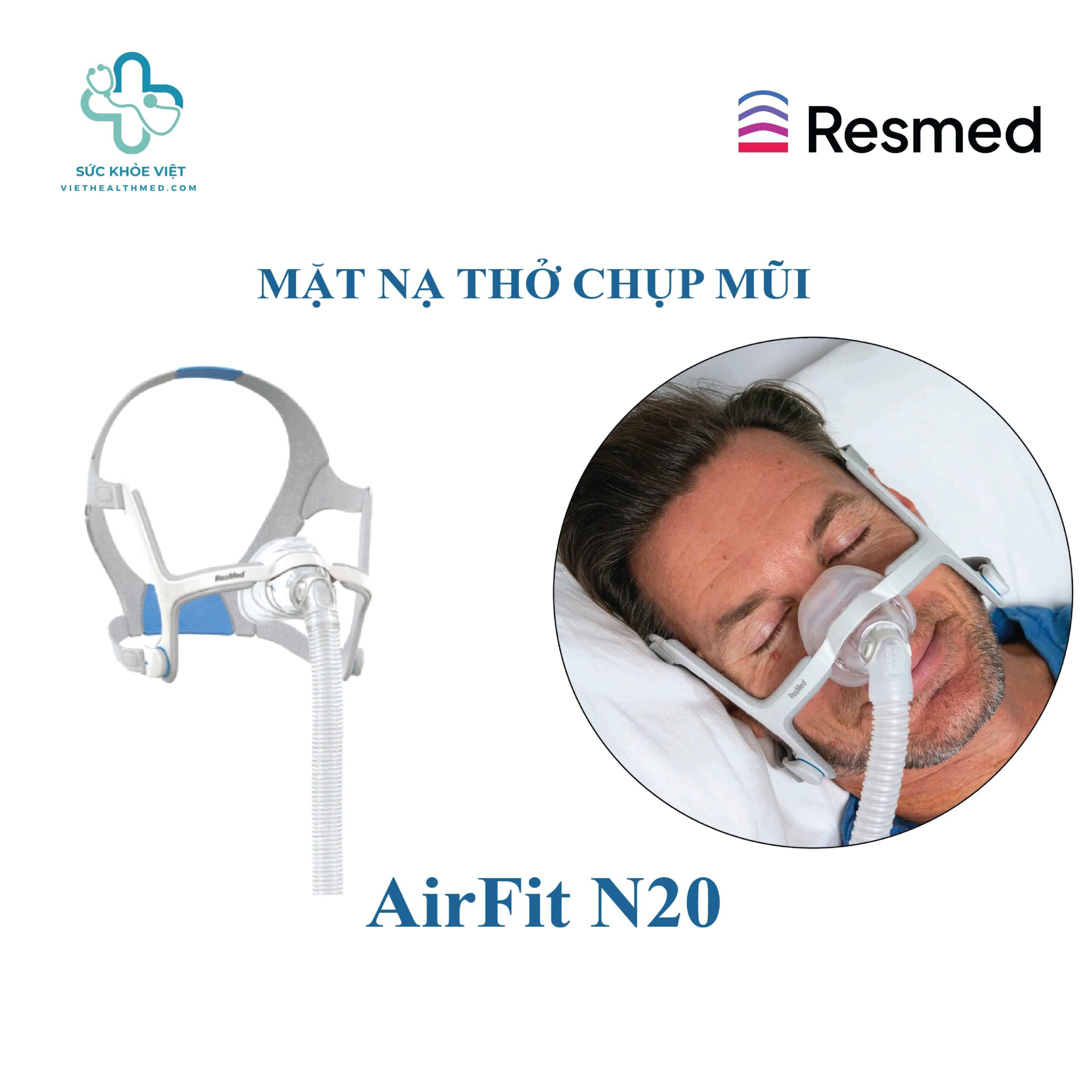 Mặt nạ mũi ResMed AirFit N20 thiết kế đệm silicon InfinitySeal mềm mại tương thích hoàn hảo với máy AirMini.