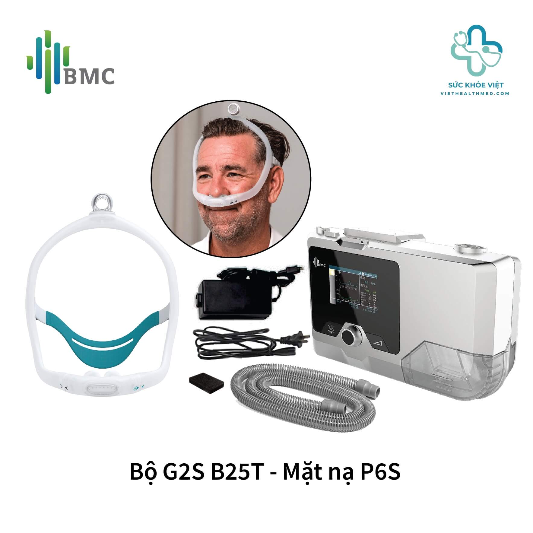 Bộ máy trợ thở BMC G2S B25T đi kèm mặt nạ BMC P6S All Size Kit chính hãng