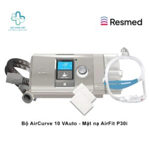 Trọn bộ thiết bị máy thở BiPAP ResMed AirCurve 10 VAuto gồm máy chính, dây dẫn khí, miếng lọc bụi và mặt nạ.