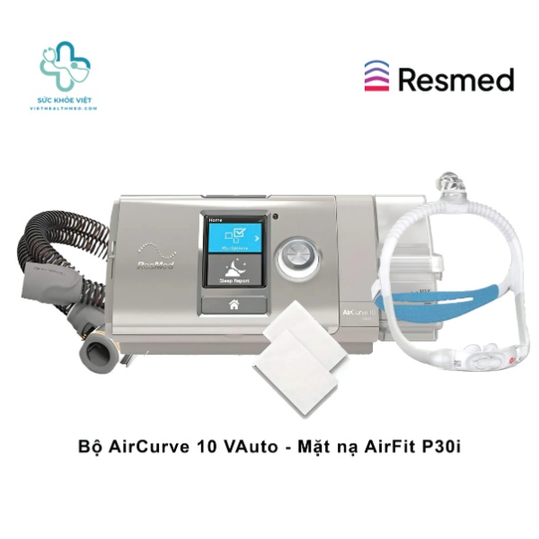 Trọn bộ thiết bị máy thở BiPAP ResMed AirCurve 10 VAuto gồm máy chính, dây dẫn khí, miếng lọc bụi và mặt nạ.