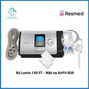 Trọn bộ máy trợ thở ResMed Lumis 150 ST đi kèm mặt nạ AirFit N20 và dây thở.