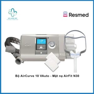 Trọn bộ máy trợ thở ResMed AirCurve 10 VAuto chính hãng bao gồm thân máy, khay nước HumidAir, dây thở và mặt nạ AirFit N30