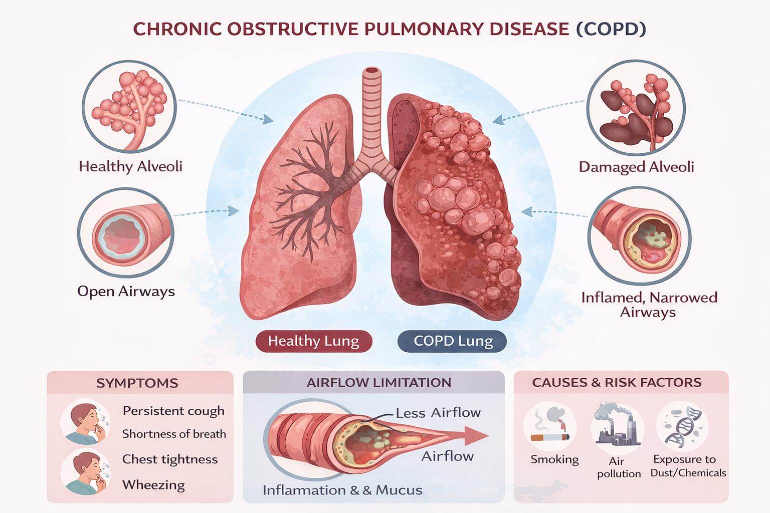 COPD gây hạn chế luồng khí và có thể làm người bệnh khó thở khi vận động. Khi đồng thời xuất hiện ngưng thở khi ngủ, các vấn đề hô hấp ban đêm cần được đánh giá riêng để lựa chọn hướng xử trí phù hợp.